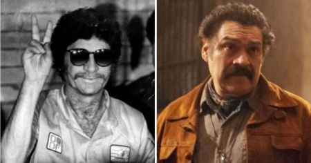 Side-by-side comparison of the real-life Don Neto (left) and Cosío's portrayal in Narcos: Mexico (right)